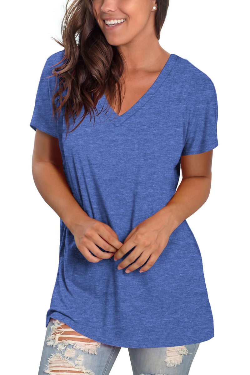 Sipaya Women V Neck Short Sleeve T Shirt Solid Color Summer Casual Tops 2026 Blue XL - Image 3